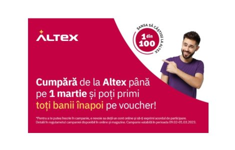 Altex oferă clienților toți banii înapoi pe vouchere la toate cumpărăturile realizate în noua campanie “1 din 100 cumpărători este câștigător”