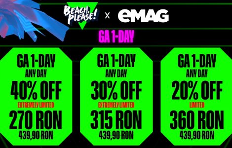 Bilete Beach, Please! cu până la 50% reducere, exclusiv pe eMAG, disponibile timp de 3 zile