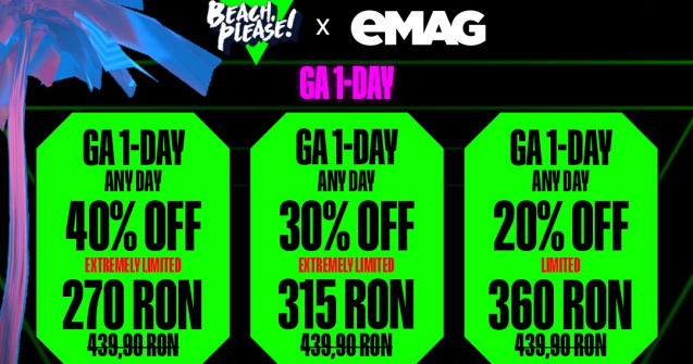 Bilete Beach, Please! cu până la 50% reducere, exclusiv pe eMAG