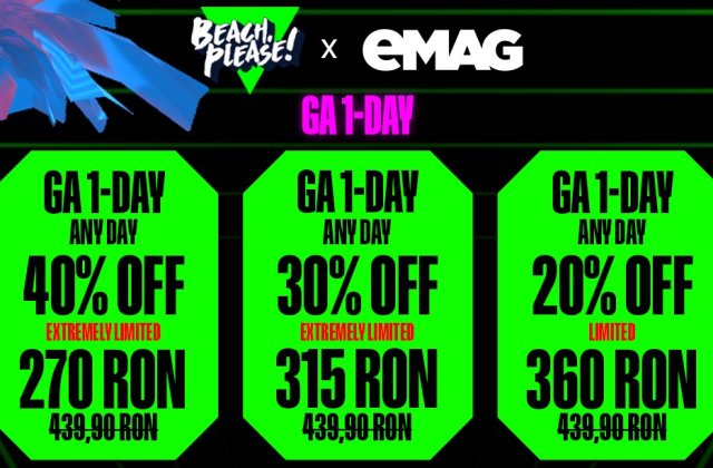 Bilete Beach, Please! cu p&acirc;nă la 50% reducere, exclusiv pe eMAG, disponibile timp de 3 zile