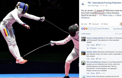 Federatia Internationala de Scrima scrie ”Rromania” in descrierea fotografiilor de la finala de spada