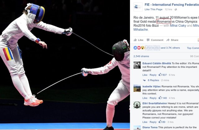 Federatia Internationala de Scrima scrie &rdquo;Rromania&rdquo; in descrierea fotografiilor de la finala de spada