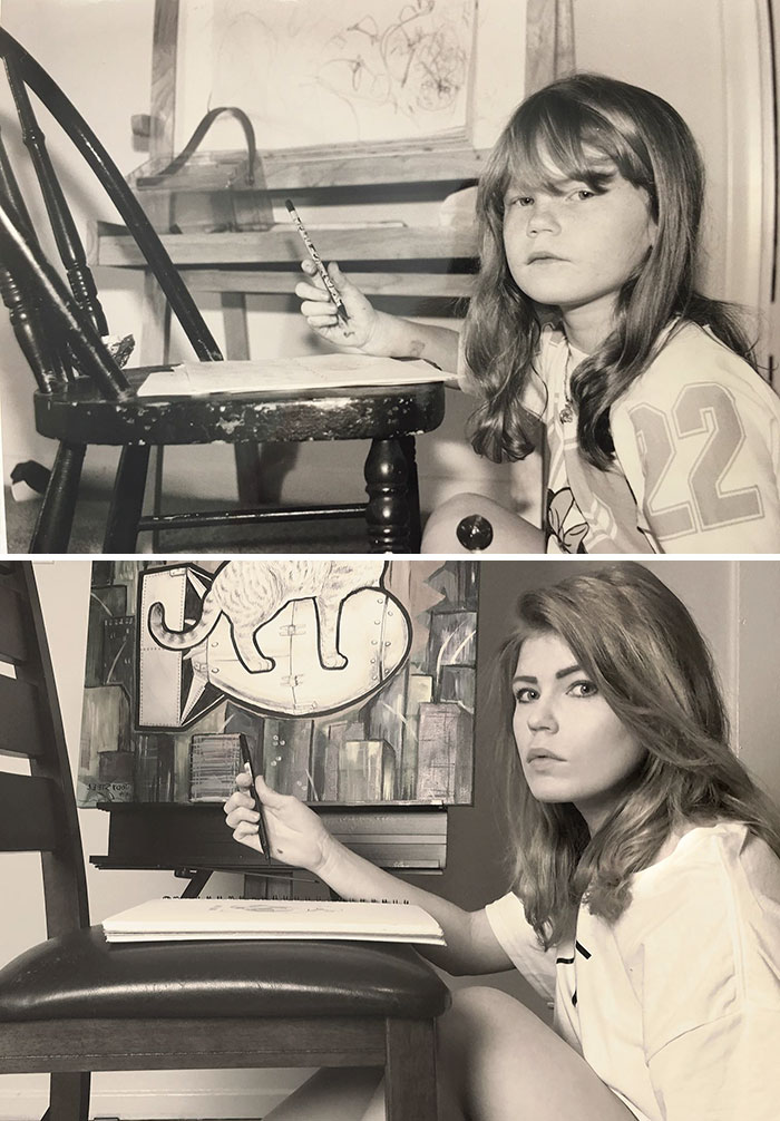 Imagini facute la o diferenta de 17 ani. Intre timp, tanara a ajuns artist cu acte in regula