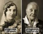 Marie Burešová, la varsta de 23 de ani, in ziua nuntii (in stanga) si la 101 ani