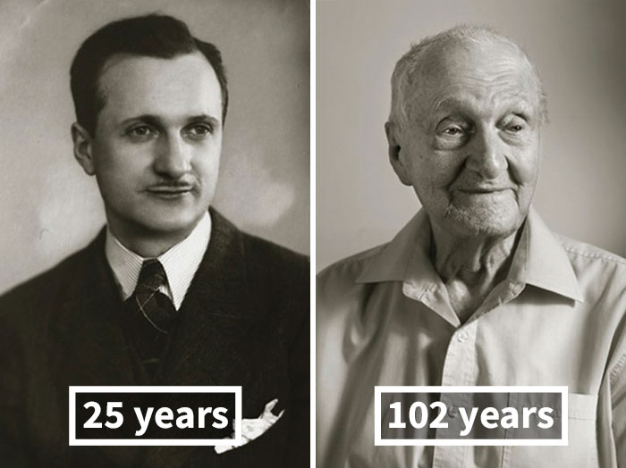 Antonín Kovář, la 25 de ani (in stanga) si la 102 ani