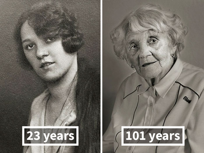 Vlasta Čížková, la 23 de ani (la terminarea scolii) si la 101 ani