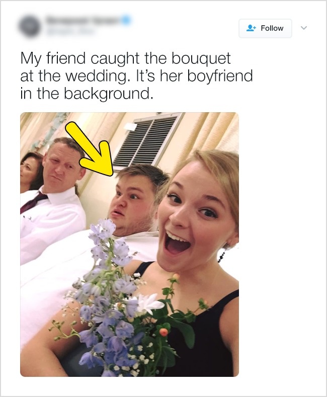 Reactia iubitului fetei care a prins buchetul, la o nunta