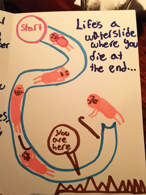 "Viata e un tobogan de apa la sfarsitul caruia mori", a scris un baiat de 11 ani mamei lui, desenand si punctul unde se afla acesta