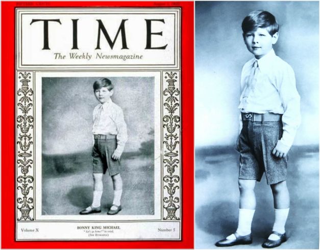 Fotografia Regelui Mihai I de pe coperta revistei „Time“ din 1 august 1927, anuntand succesiunea la tronul Romaniei (la 20 iulie 1927). Mihai avea doar 6 ani in ziua in care a devenit rege