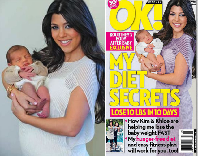 Kourtney Kardashian, dupa 7 zile de la nastere. In stanga este imaginea originala, in dreapta cea editata in Photoshop