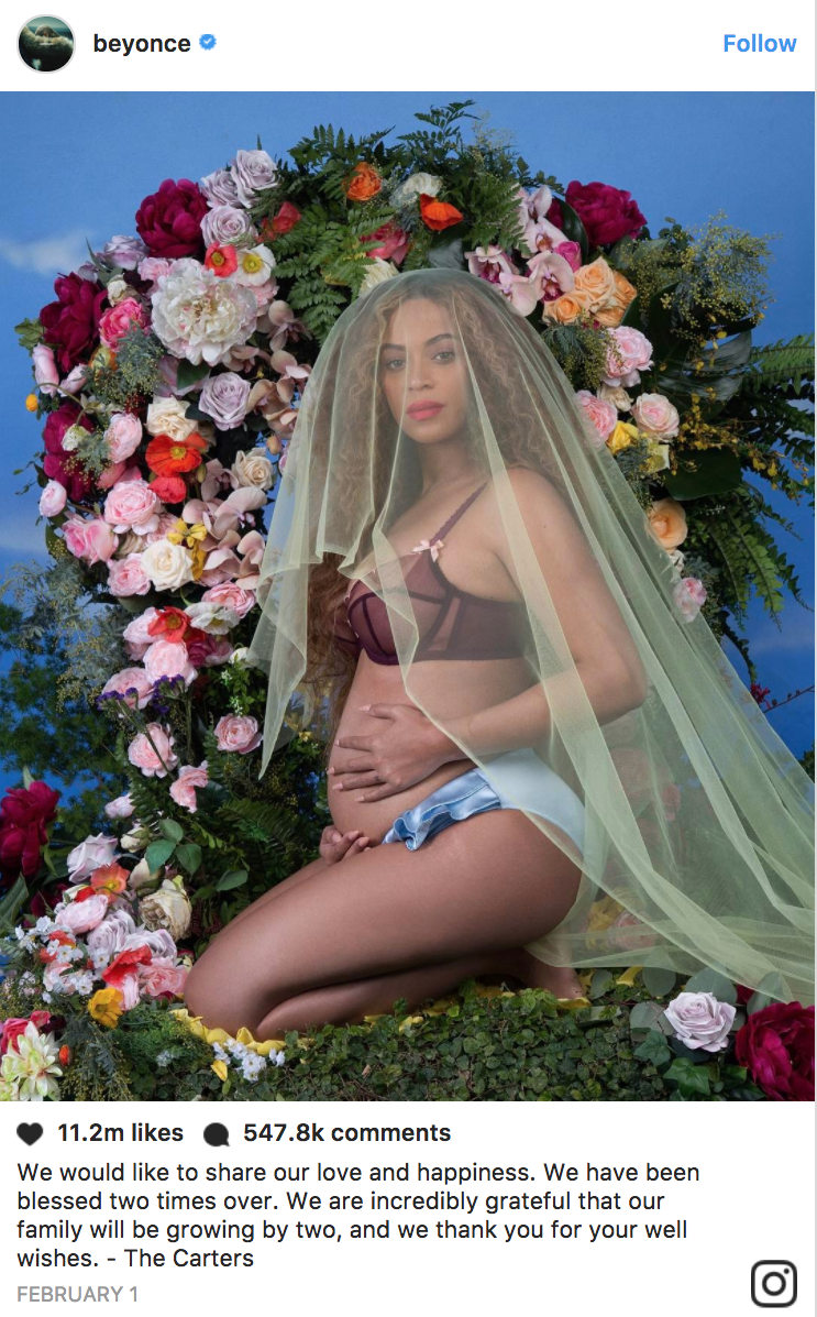 Imaginea prin care Beyonce a anuntat ca este insarcinata cu gemeni - 11 milioane like-uri