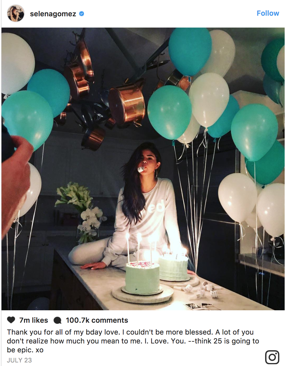 Selena Gomez, la implinirea a 25 de ani. O imagine de 7 milioane de like-uri