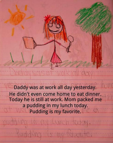 "Tati a fost la munca ieri toata ziua. Nu a venit acasa nici sa ia cina. Astazi este inca la munca. Mami mi-a pregatit pachetul. Am budinca. Budinca este preferata mea"