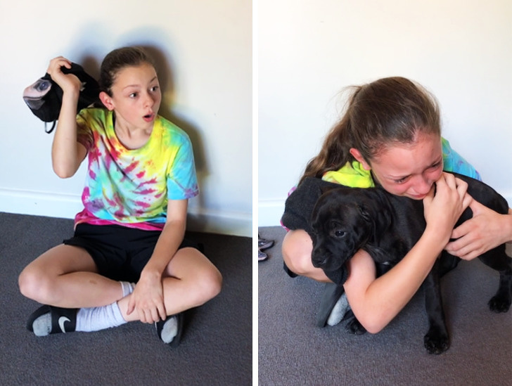 O fetita de 11 ani primeste de Craciun un catel, iar emotia i se citeste pe chip