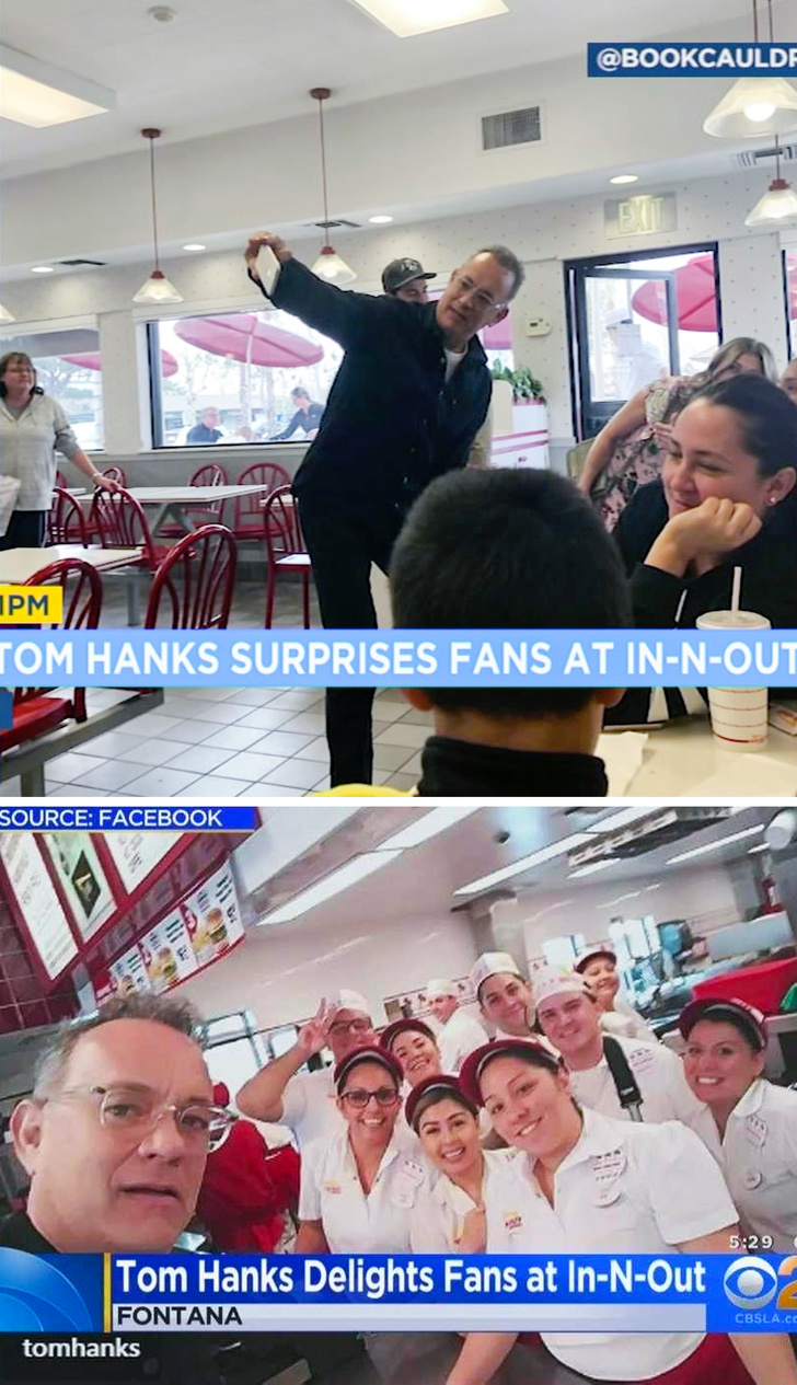 Tom Hanks a intrat intr-un restaurant la intamplare, si-a facut selfie-uri cu cativa clienti, apoi a platit mancarea tuturor si a plecat