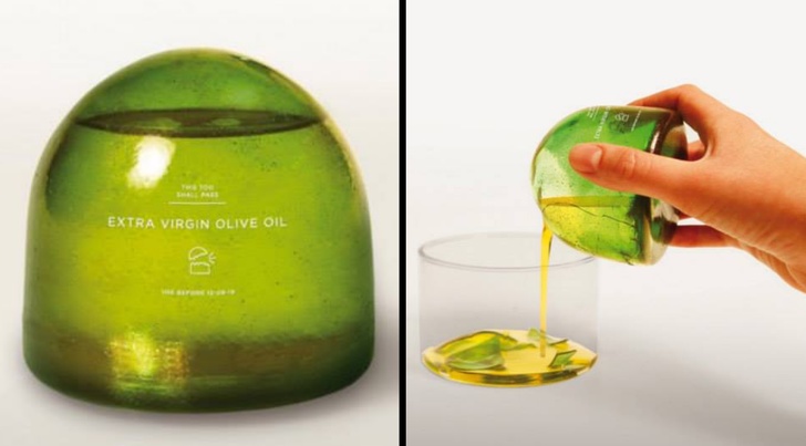 Ambalaj pentru ulei facut din zahar caramelizat cerat. In contact cu apa, ambalajul se topeste