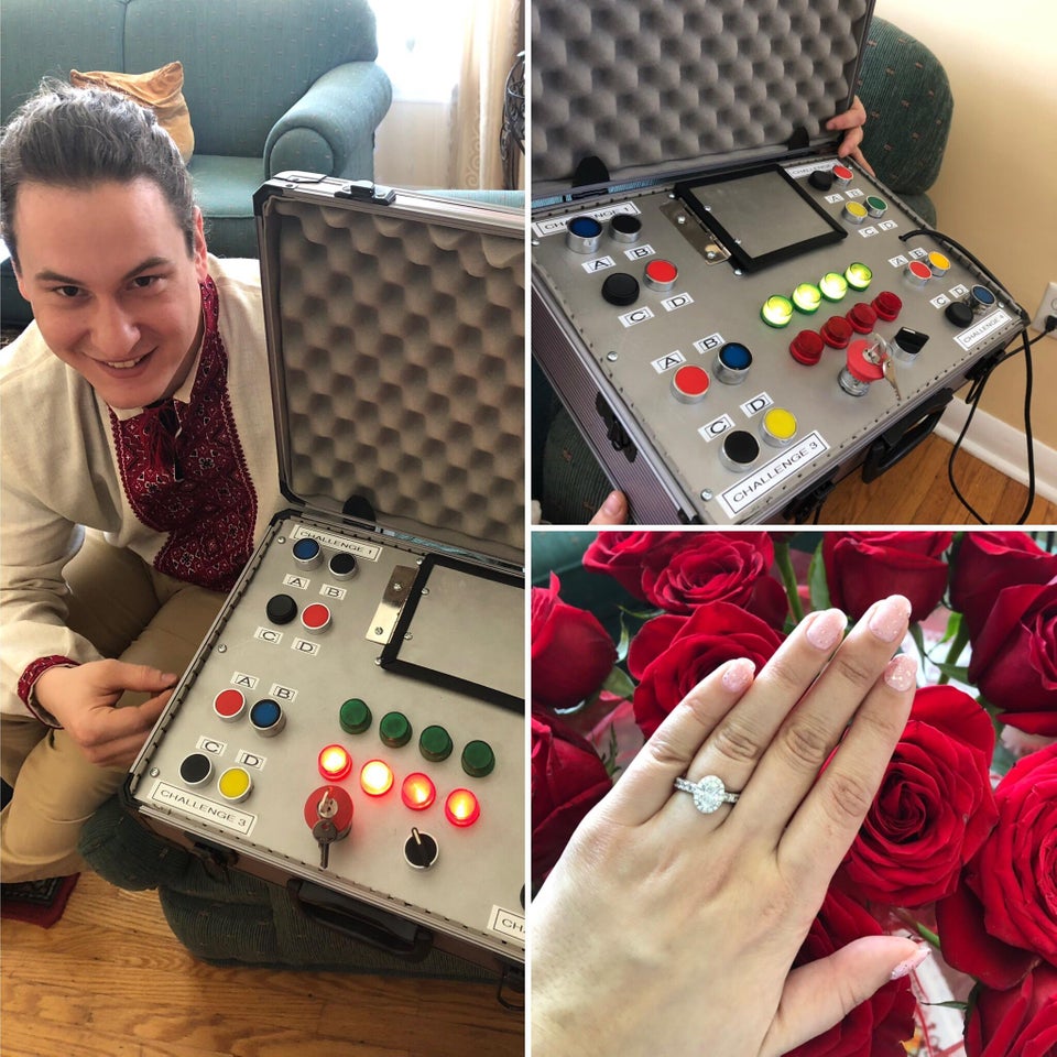 "Logodnicul meu, care este electrician de profesie, a construit aceasta cutie pentru "a rezolva" cererea in casatorie! A scris un poem corespunzator care mi-a dat raspunsurile la cele 4 provocari. Am spus da!"