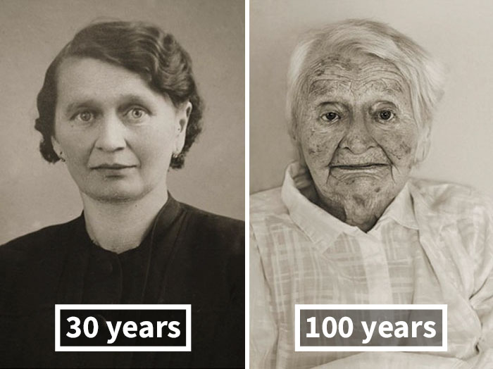 Anna Pochobradská, la varsta de aproximativ 30 de ani in stanga si la 100 de ani in imaginea din dreapta