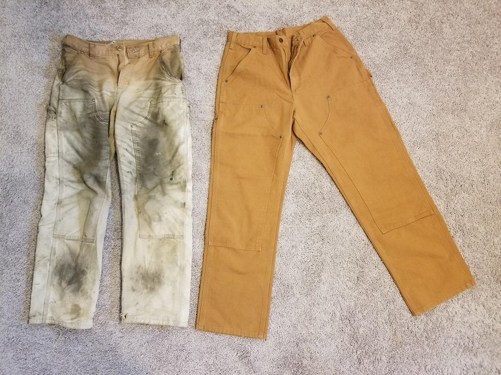 Pantaloni folositi timp de 6 luni de catre un electrician vs aceeasi pantaloni, dar noi