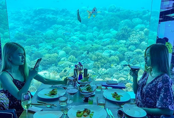 Restaurant subacvatic la Anantara Kihavah Villa, unde poti "lua masa" cu rechinii