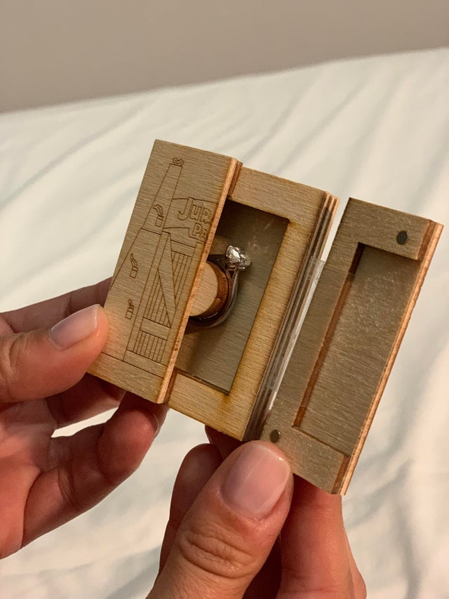 "Asa arata cutia inelului de logodna pe care chiar eu am facut-o. Prima noastra intalnire a fost in timp ce ne uitam la Jurassic Park"