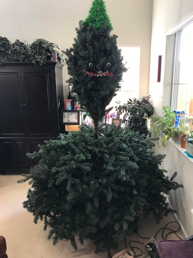 Nu au vrut sa desfaca si jumatatea de sus a bradului, asa ca si-au folosit creativitatea