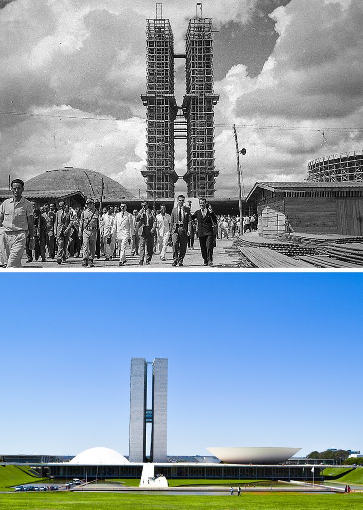 Clădirea Guvernului Braziliei, în timpul construcției în 1959 vs. prezent