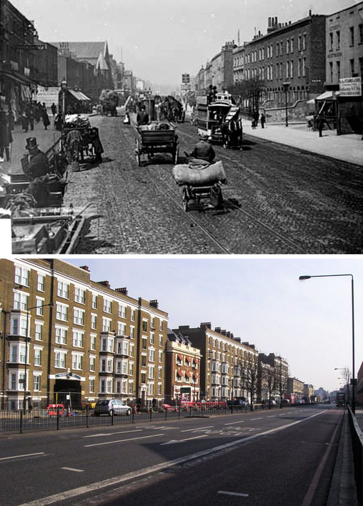 Old Kent Road, Southwark, Londra - 1885 vs. prezent